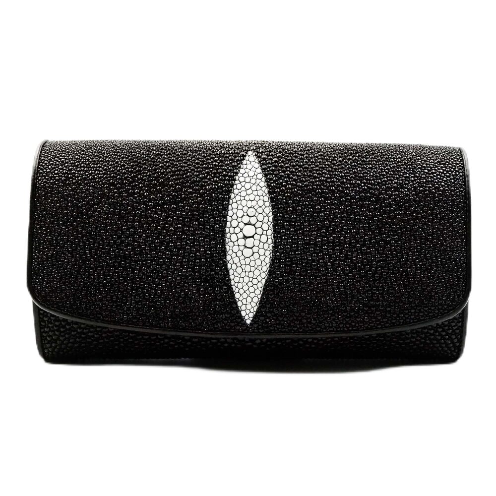 8212 New Black Stingray Leather Skin Tri-fold Clutch Wallet Purse.